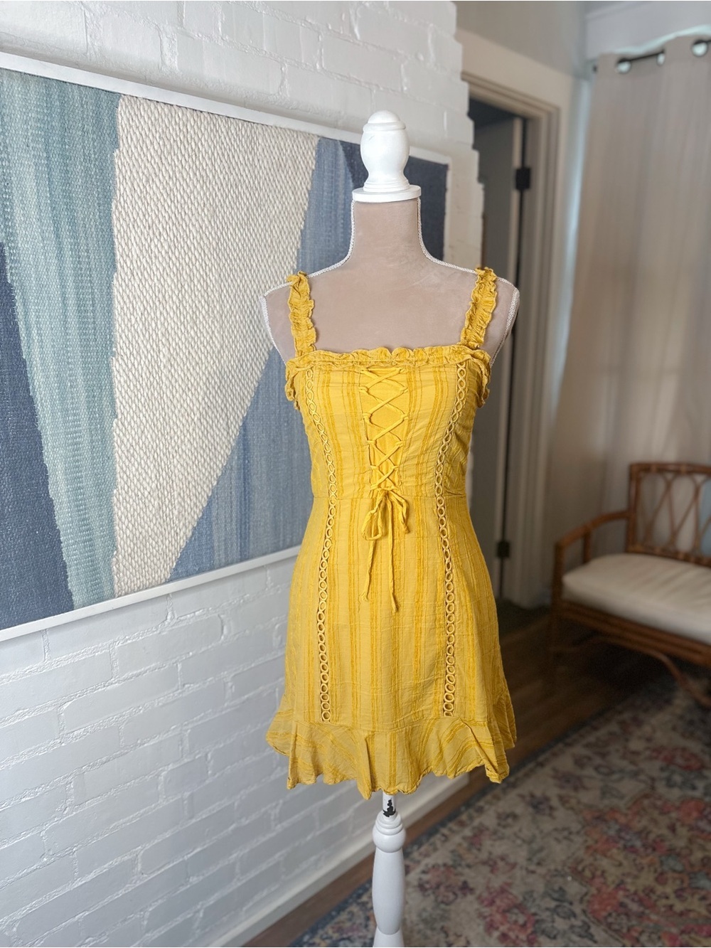Blue Blush Yellow Ruffle Strap and Strappy Peasant Dress